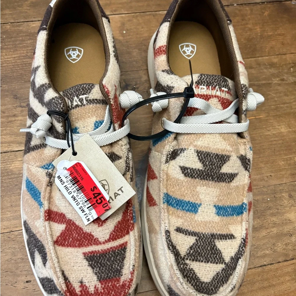 Ariat Men’s Tan Aztec Slip-On Loafers with Red, Blue & Brown Accents